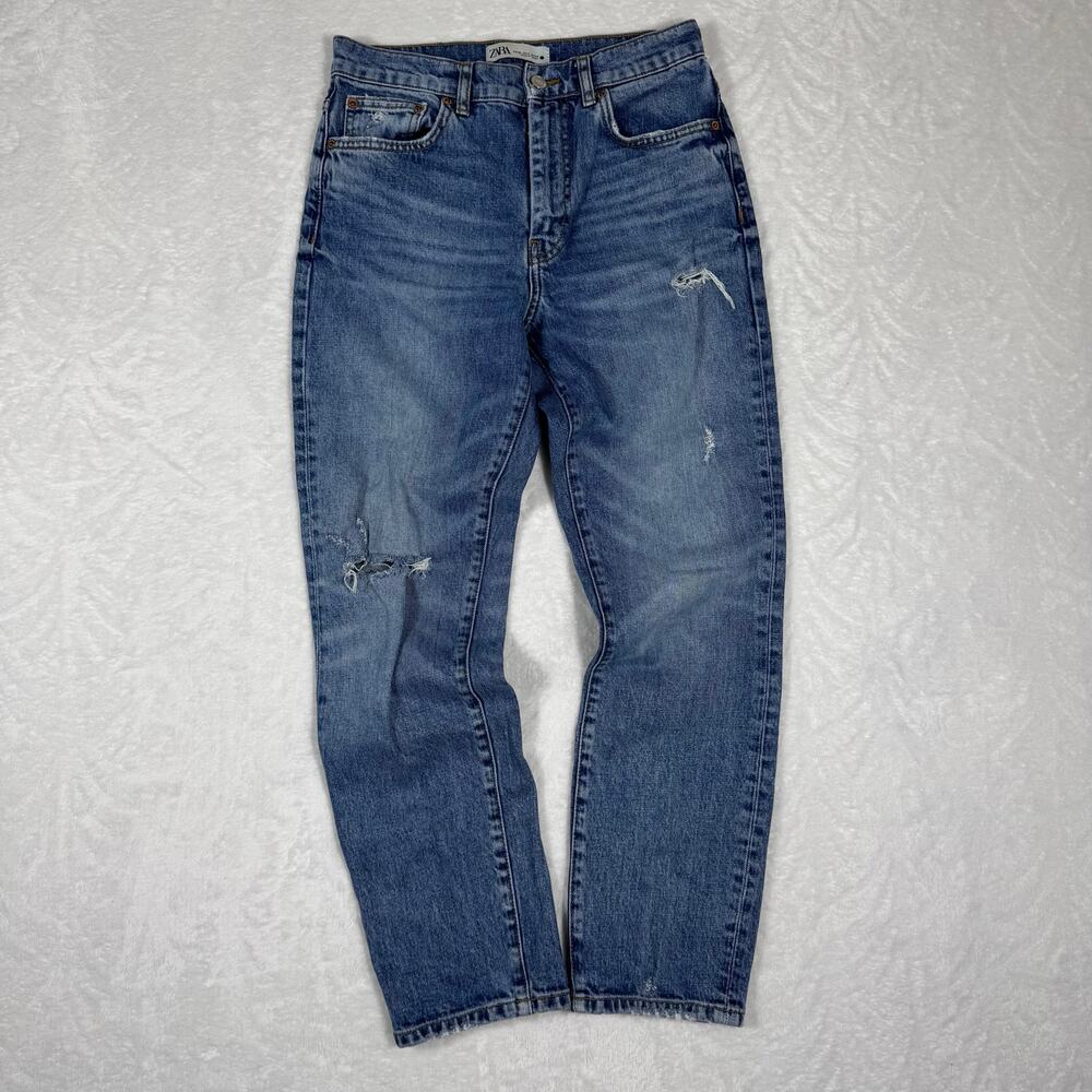 Zara The New Slim Denim Women's 4 Jeans Mid Rise Blue Wash Distressed Cotton
